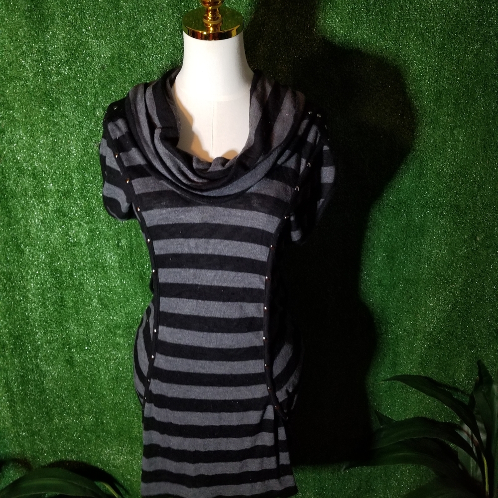Chic Striped Black & Gray Cowl Neck Top